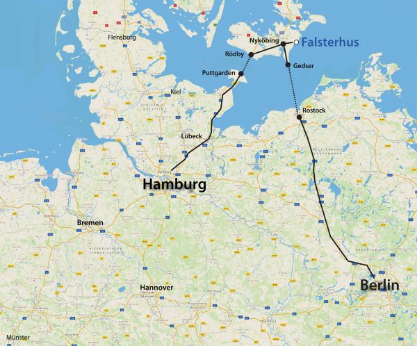 Karte Anreise von Hamburg oder Berlin zum Falsterhus
