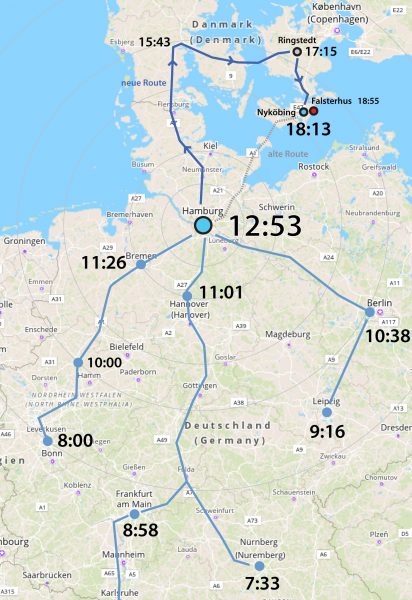 Anfahrt nach Nyköbing ab Hamburg um 10:53. Beispiel für einen Wochentag ab Dezember 2019